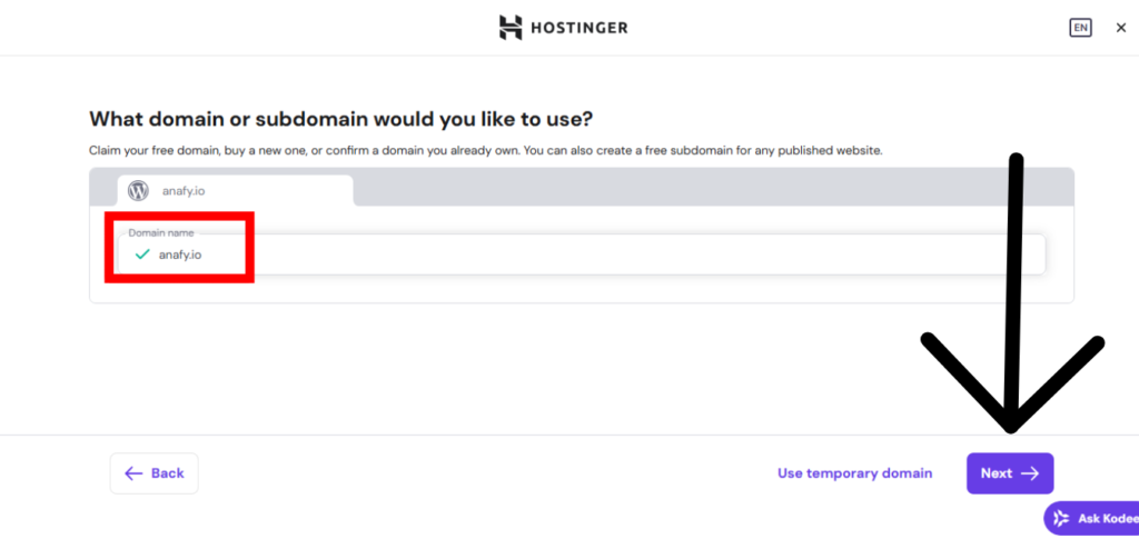 choose domain for wordpress installation in hostinger