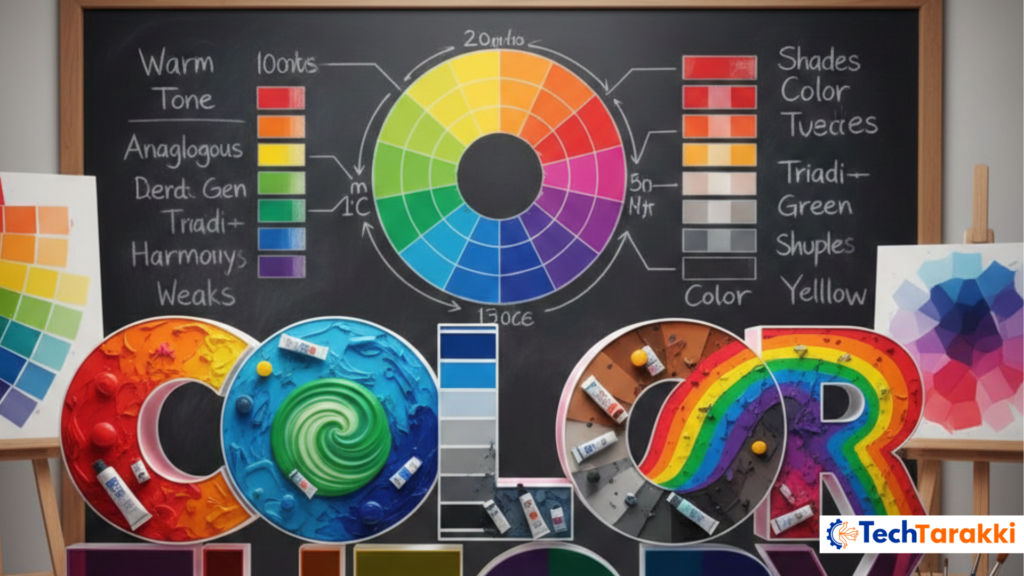 Color wheel illustration explaining color theory and harmony.