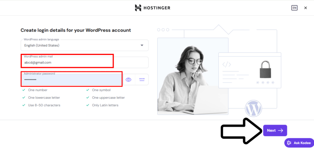 create wordpress admin login details in hostinger
