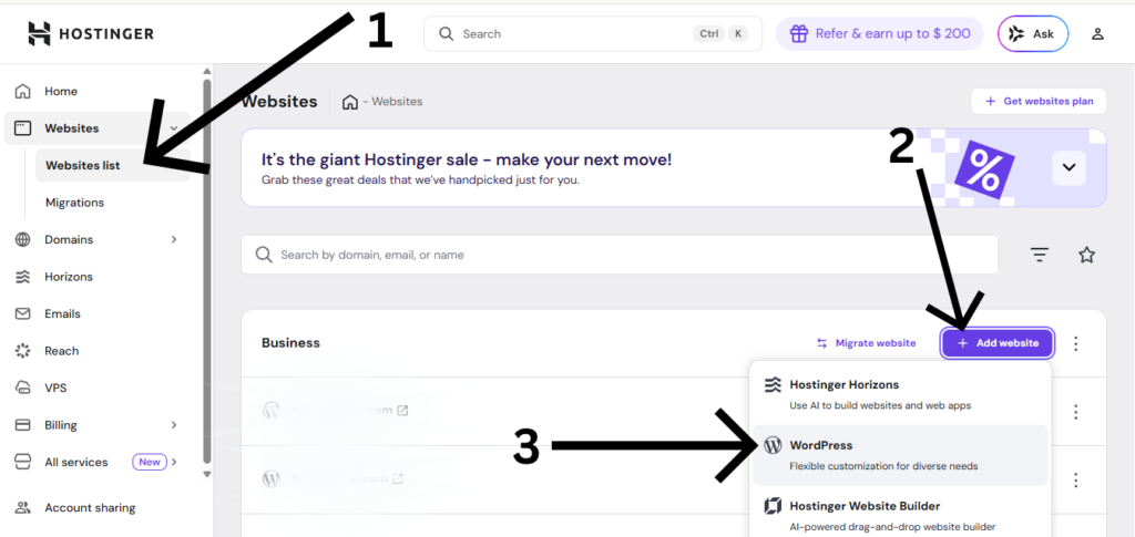 add website and select wordpress in hostinger hpanel
