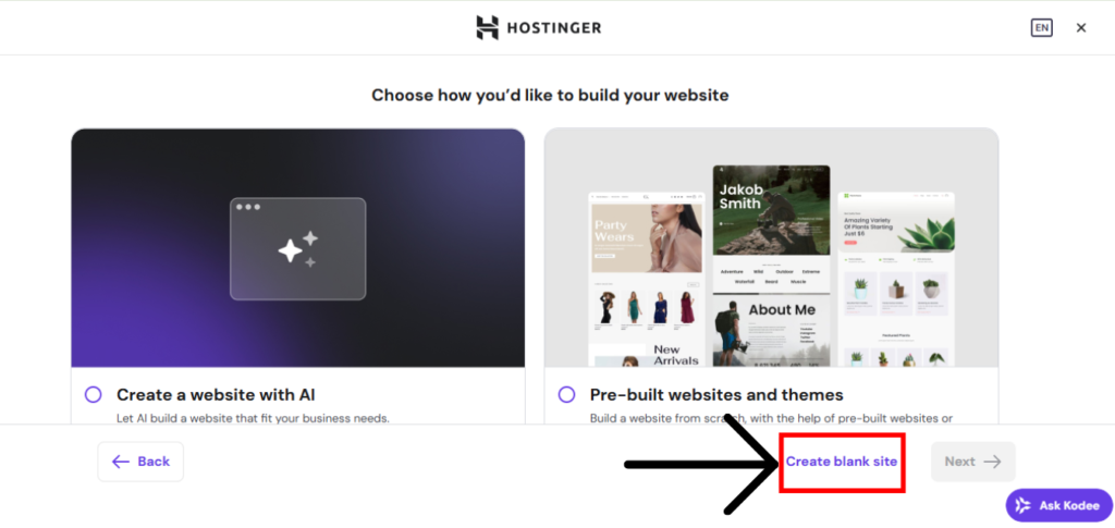 select create a blank site in hostinger wordpress setup