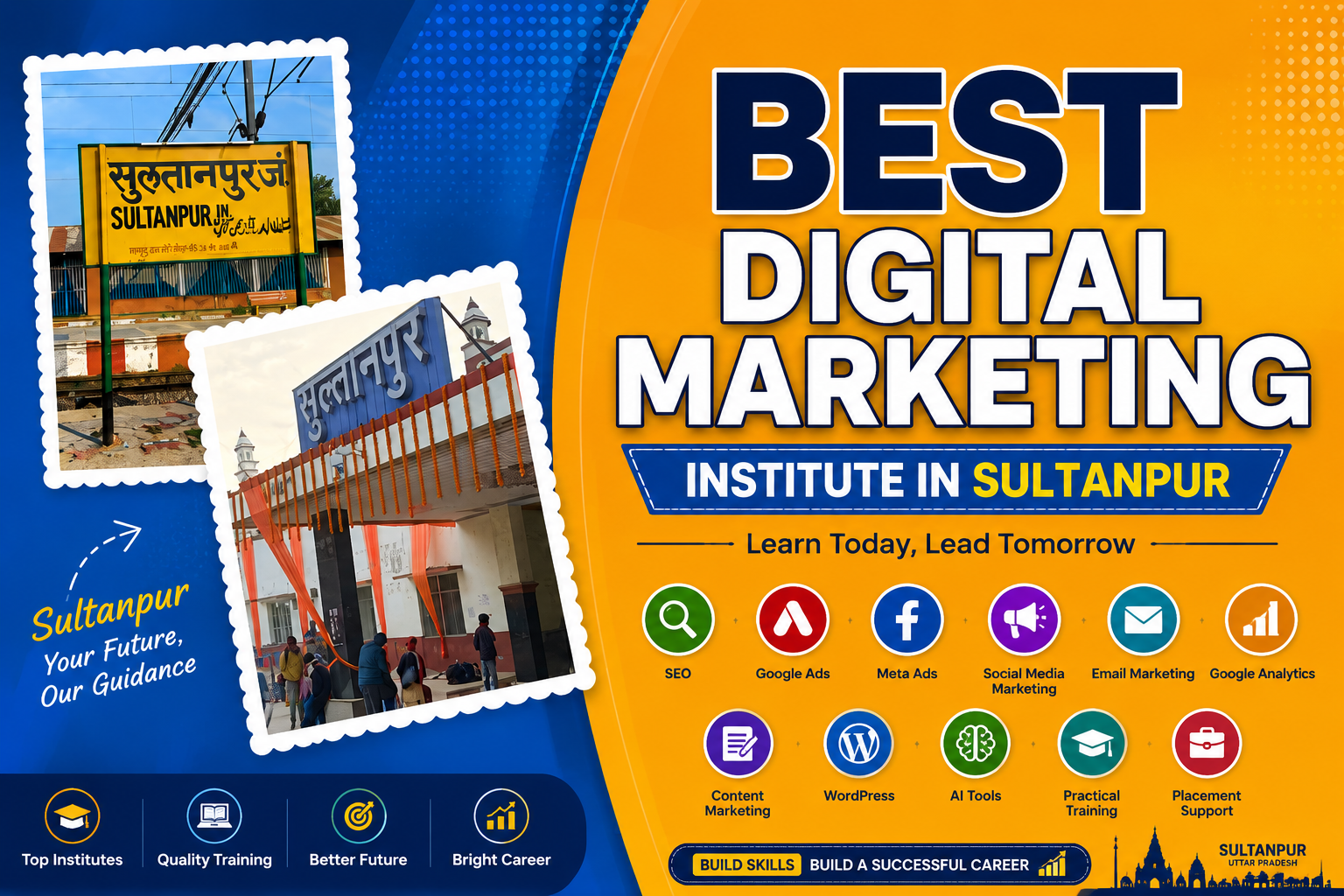 Best Digital Marketing Institute in Sultanpur featured image showing Sultanpur railway station and digital marketing course banner for students, job seekers, and professionals.