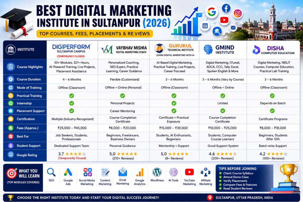 Comparison table of the best digital marketing institutes in Sultanpur including Digiperform, Gmind Institute, Gurukul Technical Institute, Vaybhav Mishra Digital Marketing Coach, and Disha Computer Education with course highlights, fees, duration, internship, and placement support.